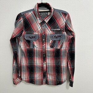 Affliction Pearl Snap Embroidered Red Plaid Western Shirt Elbow Patch Women's L